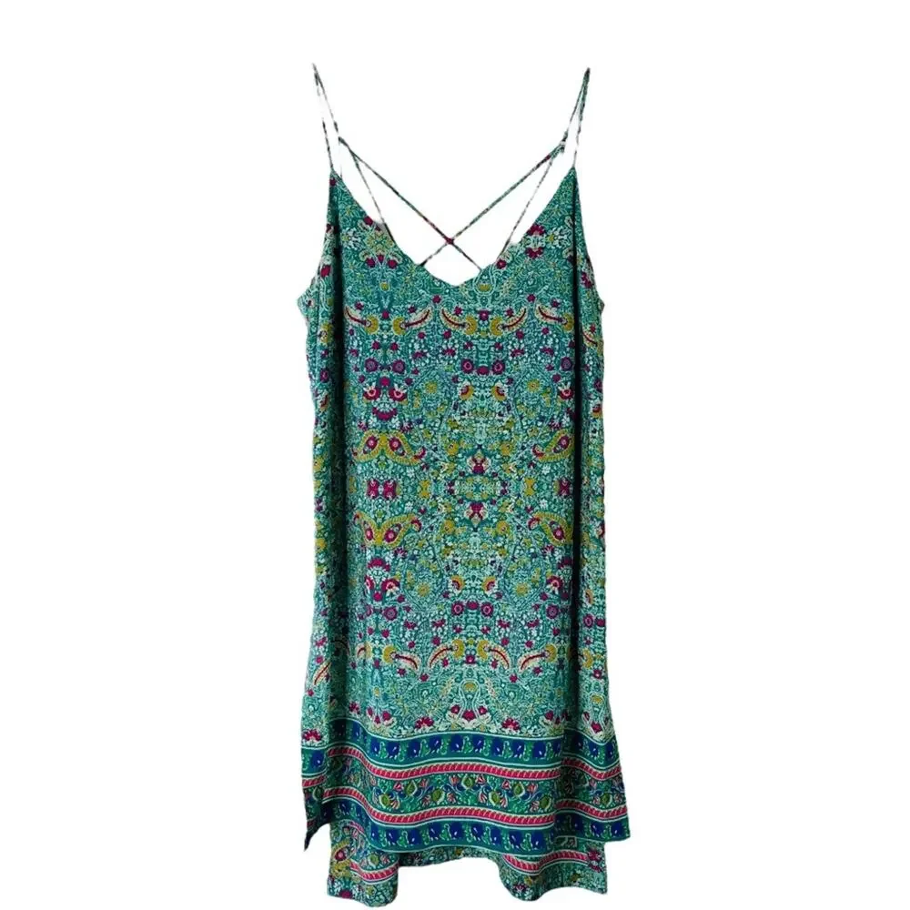 Anthropologie Maeve green pink silk floral boho strappy button tunic top 6 - Picture 1 of 11